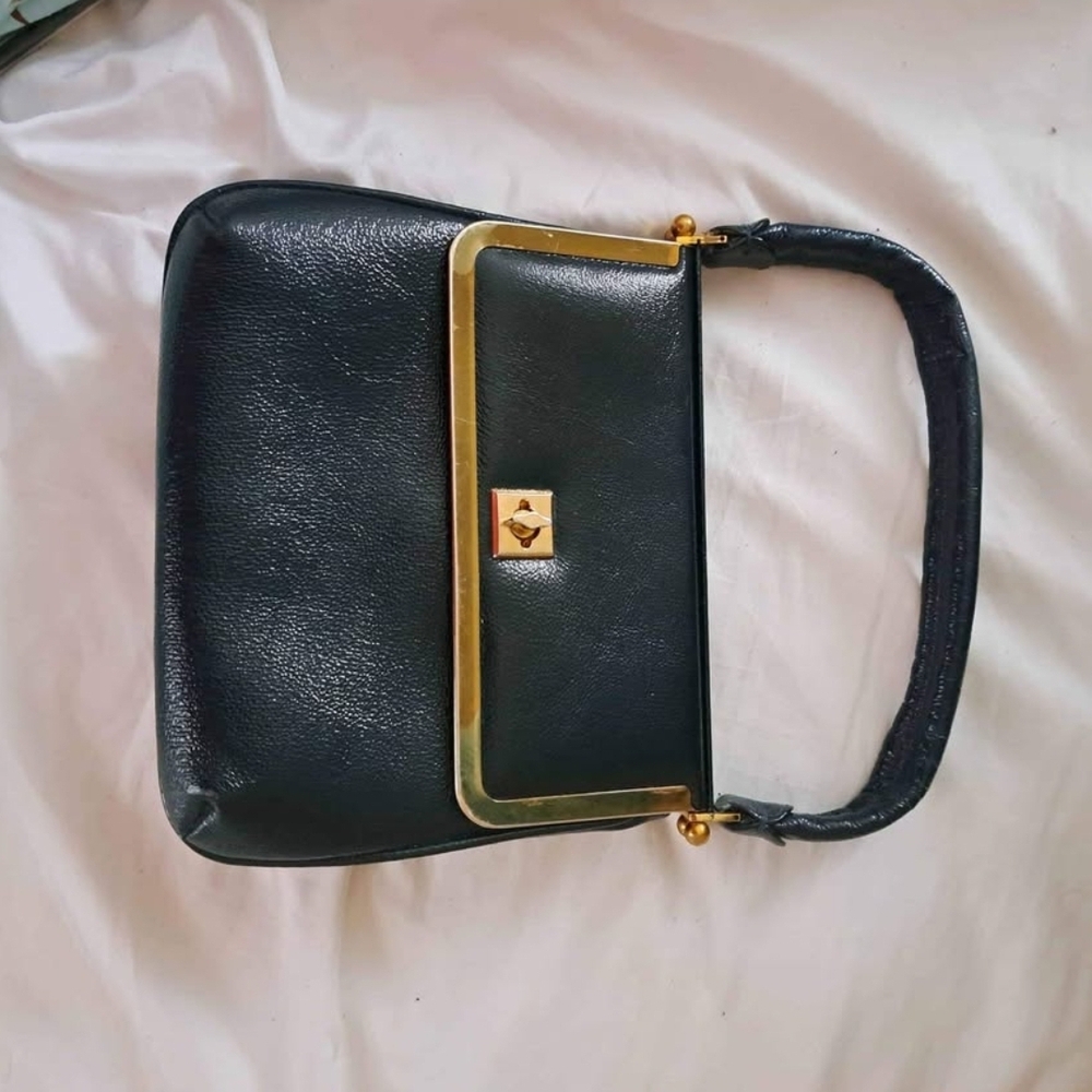 Navy blue and Gold Structured Vintage Bag with Leather Finish